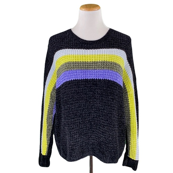 Express Black Striped Chenille Oversized Long Sleeve Crew Neck Knit Sweater